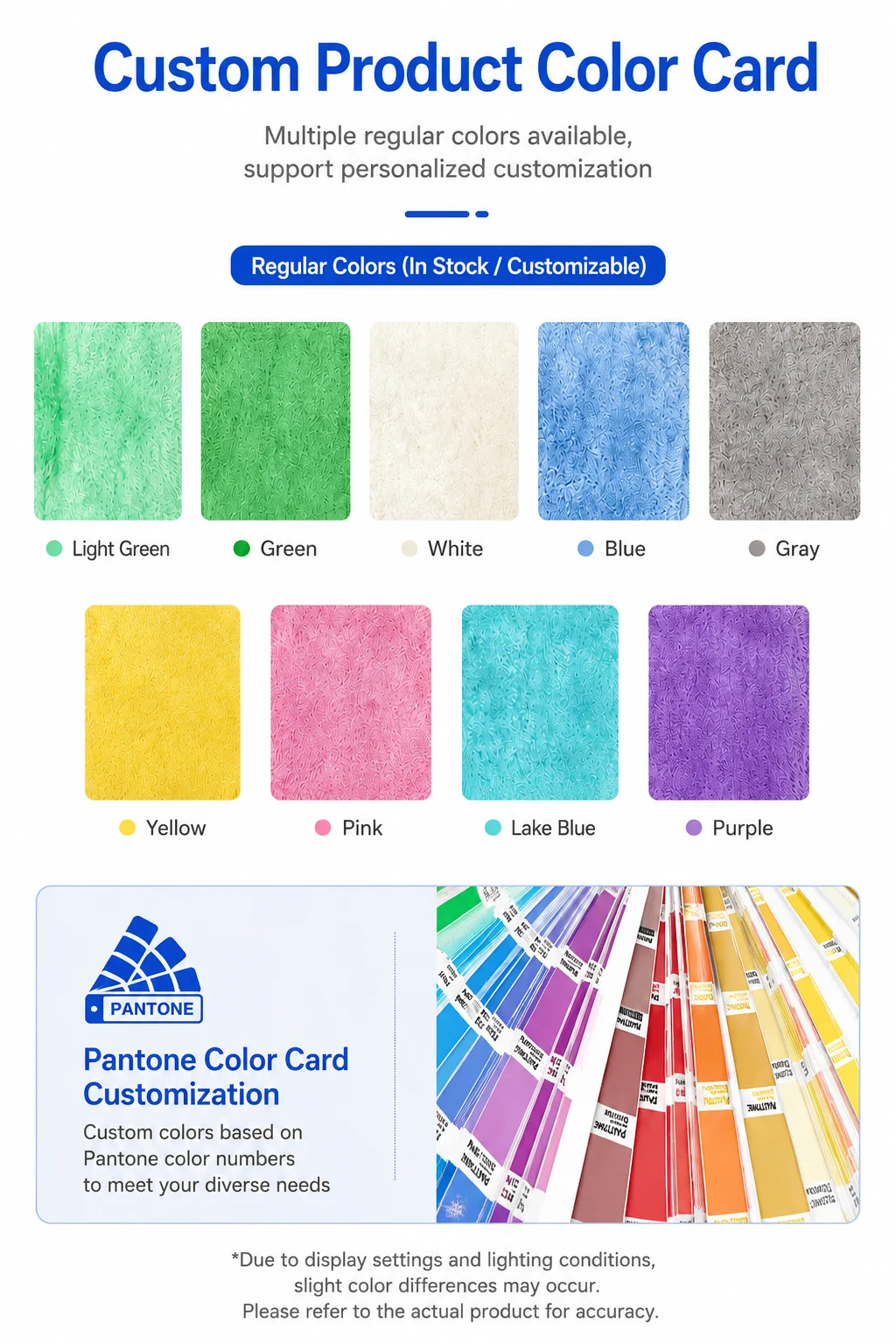 Pantone color swatches beside sample cleaning cloths for OEM color matching.