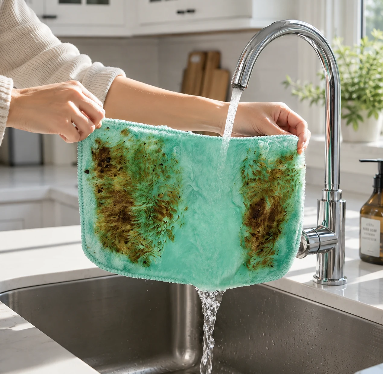 Eco dishcloth used on kitchenware to show reusable daily cleaning performance.