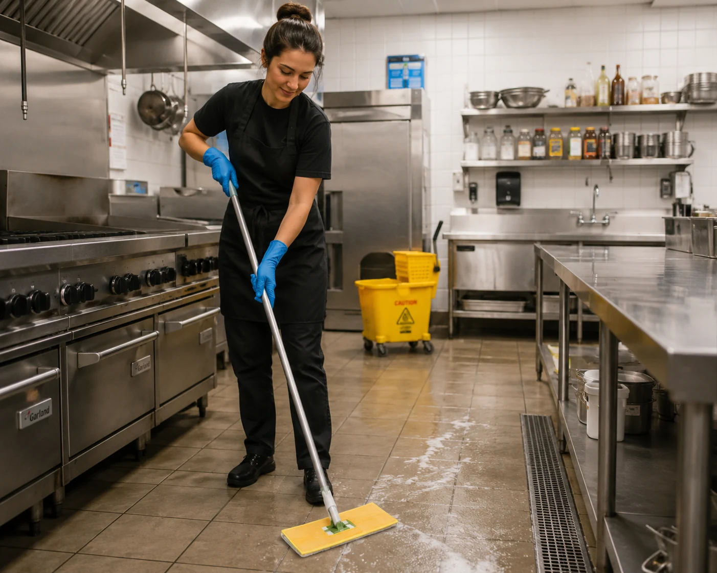 Industrial mop cloth used on a commercial floor cleaning surface.