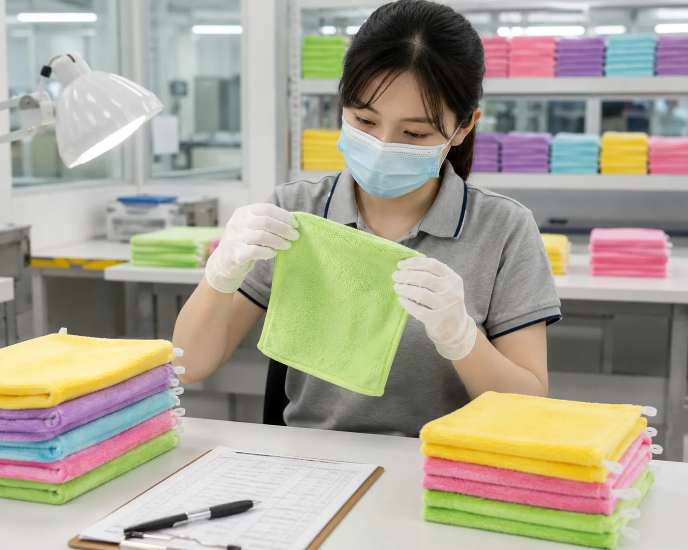 Quality inspection station checking cleaning cloth size, edges and surface finish.