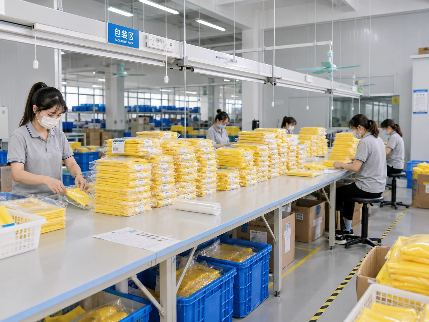 Finished cleaning cloths packed in the standard packaging area before shipment.
