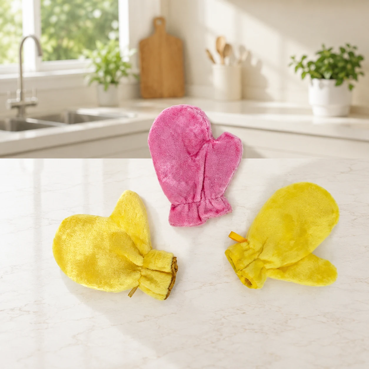 Cleaning glove used by hand to wipe grease from a kitchen surface.