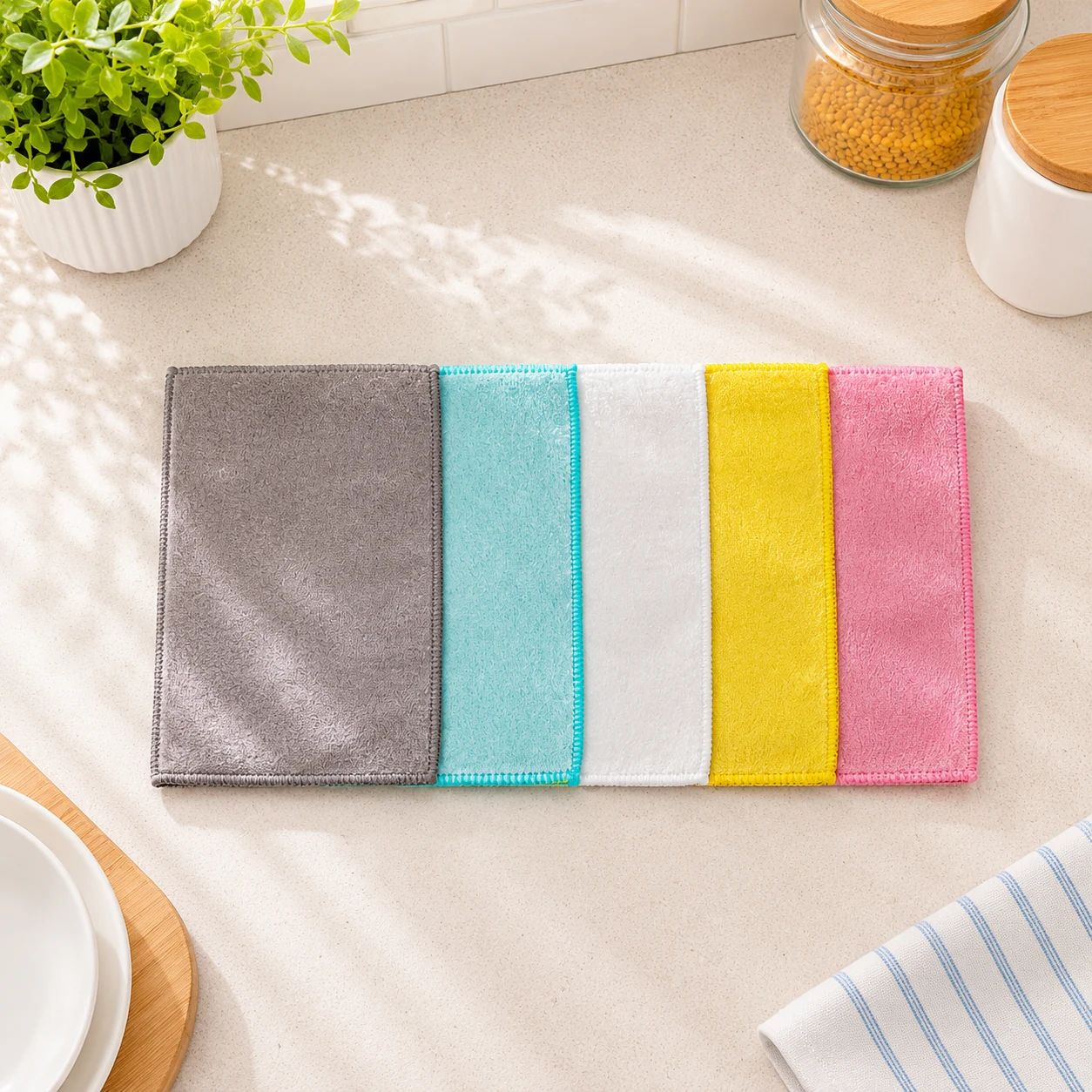Double-layer wood fiber dishcloth laid flat for kitchen counter and table wiping.