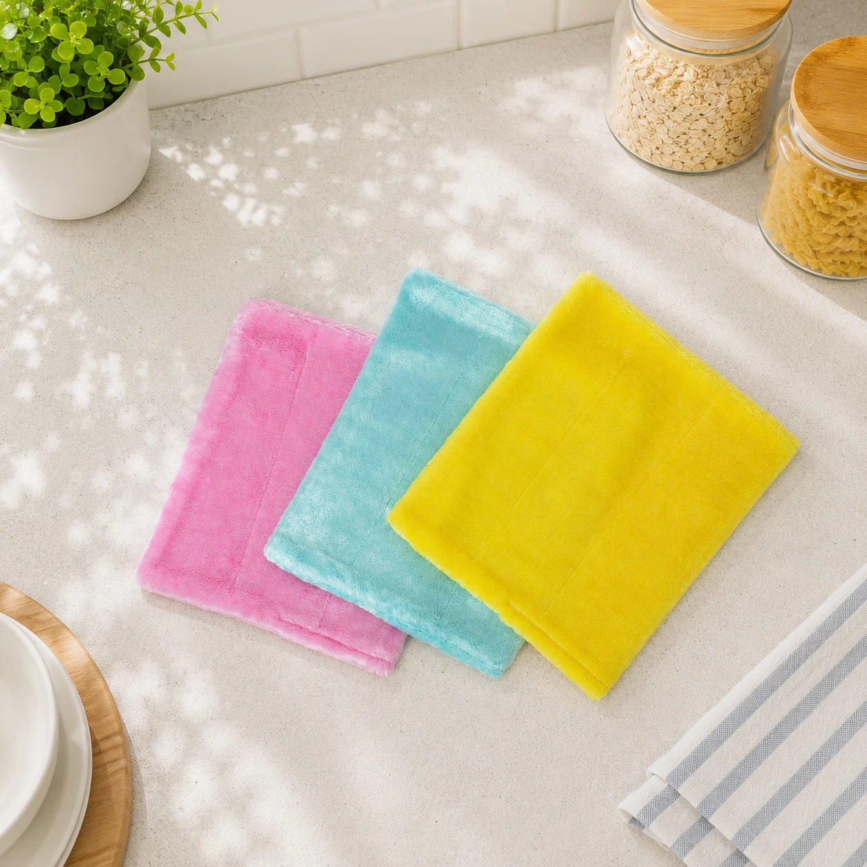 Dishcloth wiping oily residue to demonstrate grease removal performance.