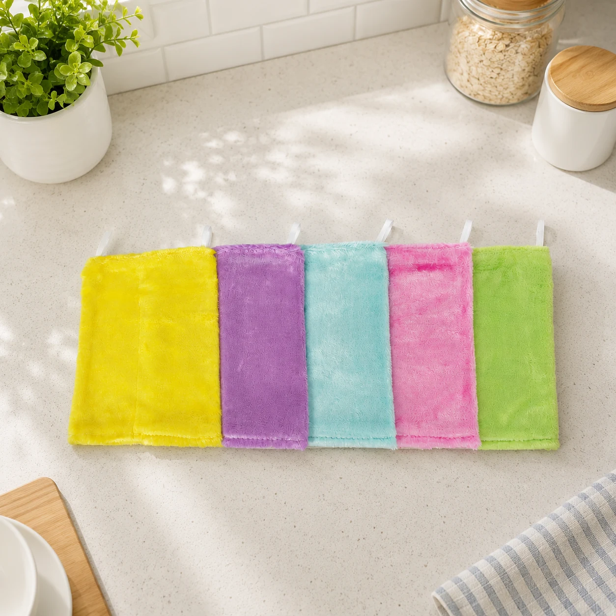 Premium in-seam dishwashing cloth shown for reusable kitchen grease cleaning.