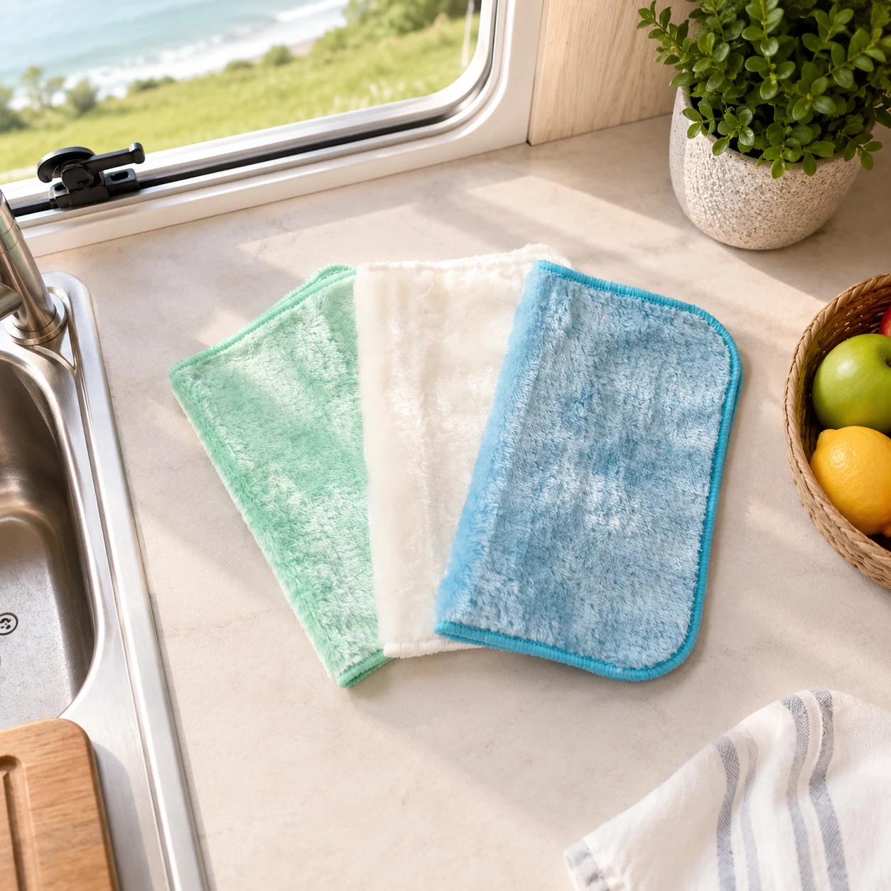 Rounded corner premium cleaning cloth with hemmed edges for reusable wiping.